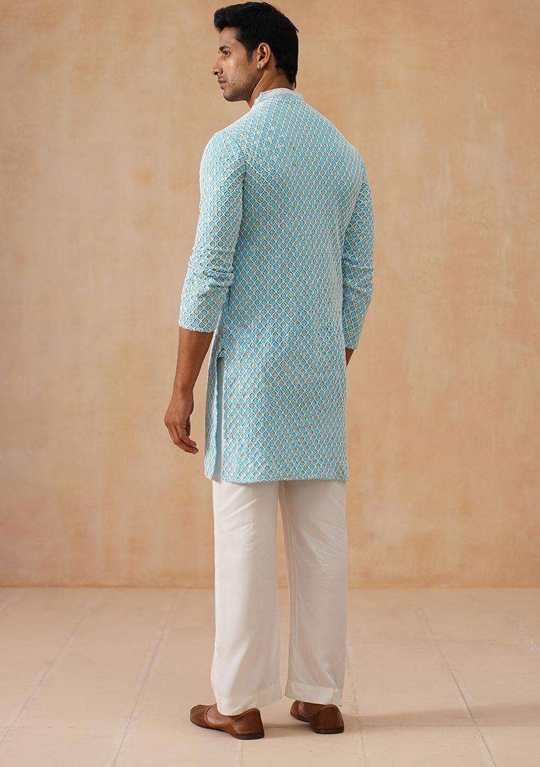Sky Blue Embroidery Cotton Kurta Pyjama Set For Men - Indya