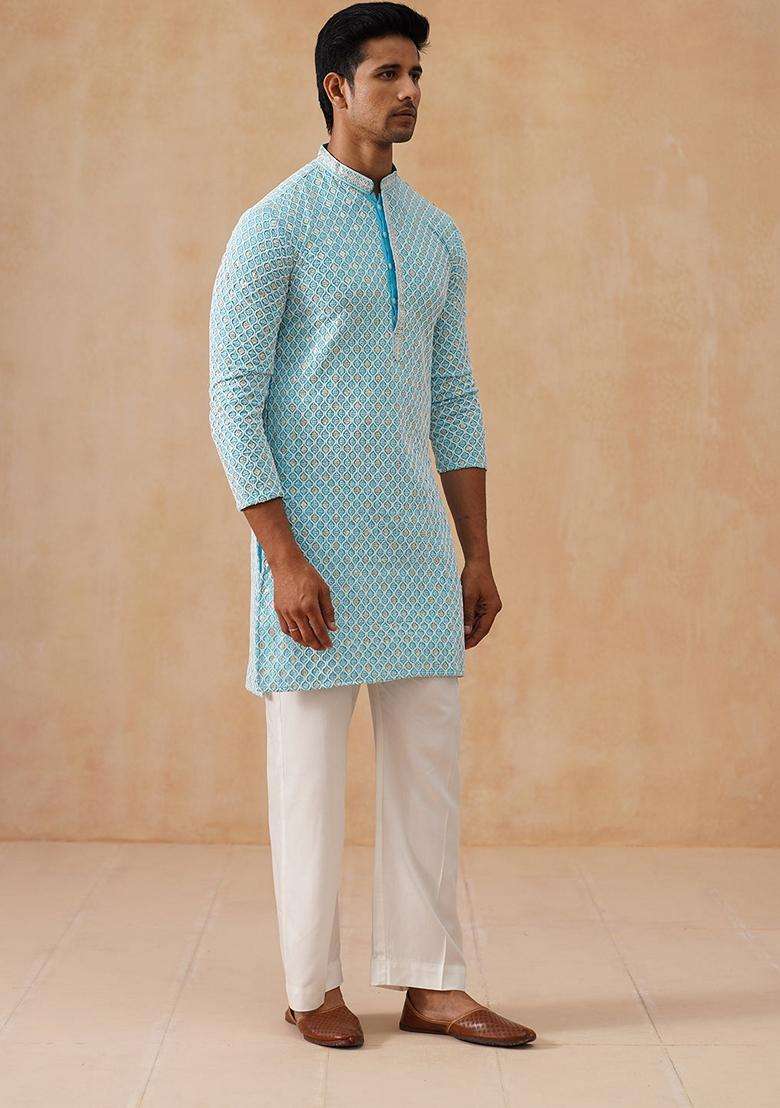 Sky Blue Embroidery Cotton Kurta Pyjama Set For Men - Indya
