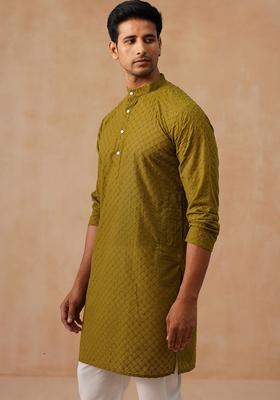 Olive Embroidery Cotton Kurta Pyjama Set For Men