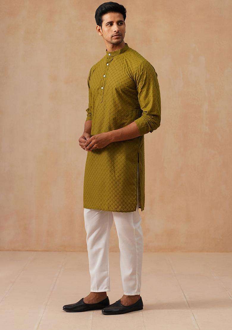 Olive Embroidery Cotton Kurta Pyjama Set For Men - Indya