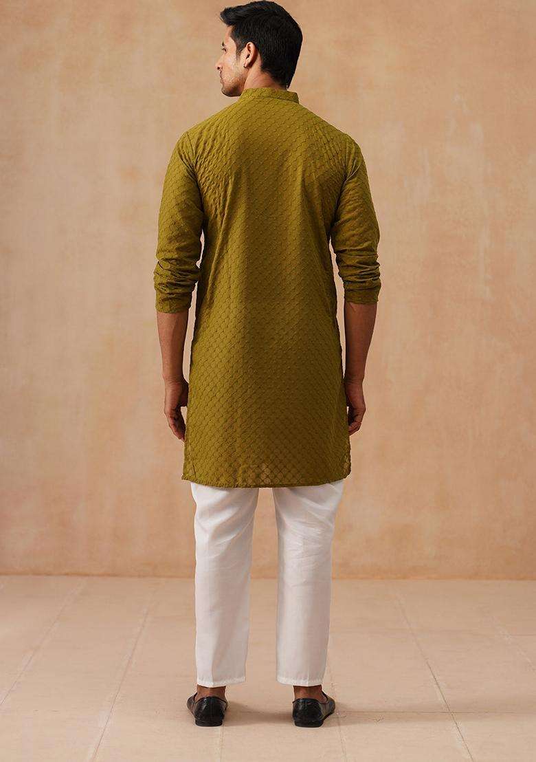 Olive Embroidery Cotton Kurta Pyjama Set For Men - Indya
