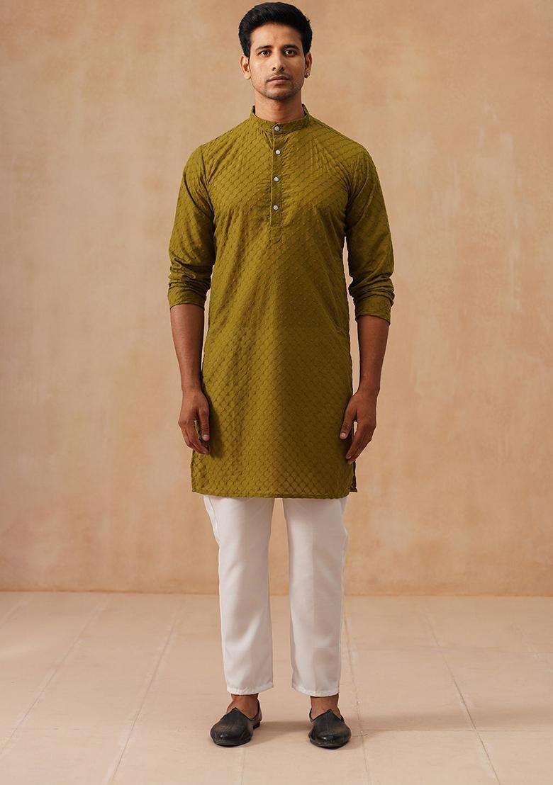 Olive Embroidery Cotton Kurta Pyjama Set For Men - Indya