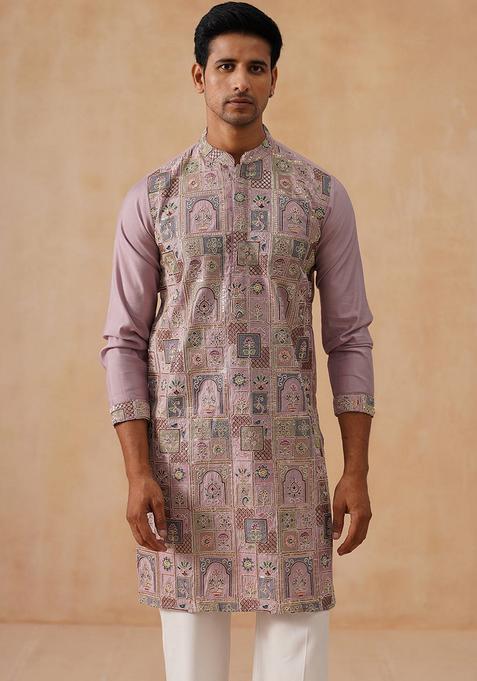 Peach Embroidery Silk Kurta Pyjama Set For Men