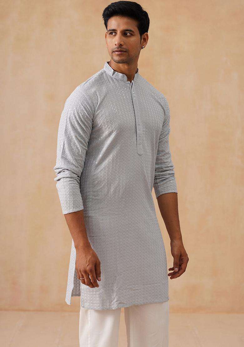 Grey Embroidery Silk Blend Kurta Pyjama Set For Men - Indya