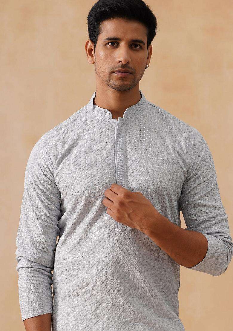 Grey Embroidery Silk Blend Kurta Pyjama Set For Men - Indya