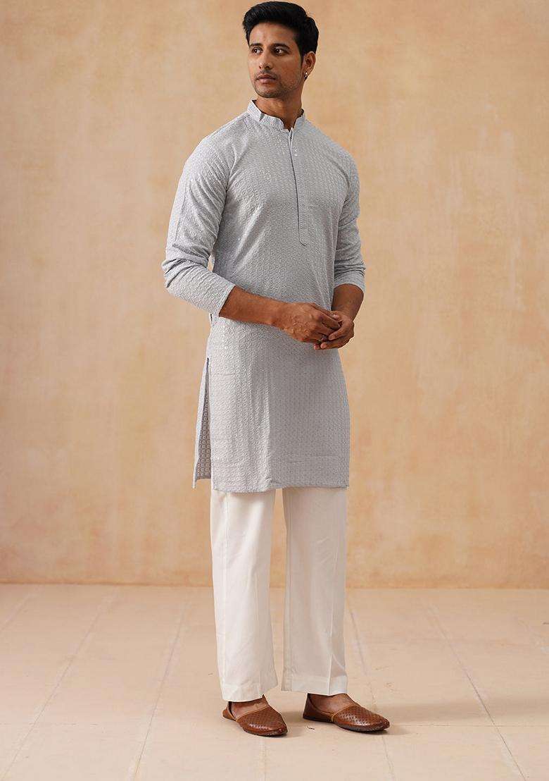 Grey Embroidery Silk Blend Kurta Pyjama Set For Men - Indya