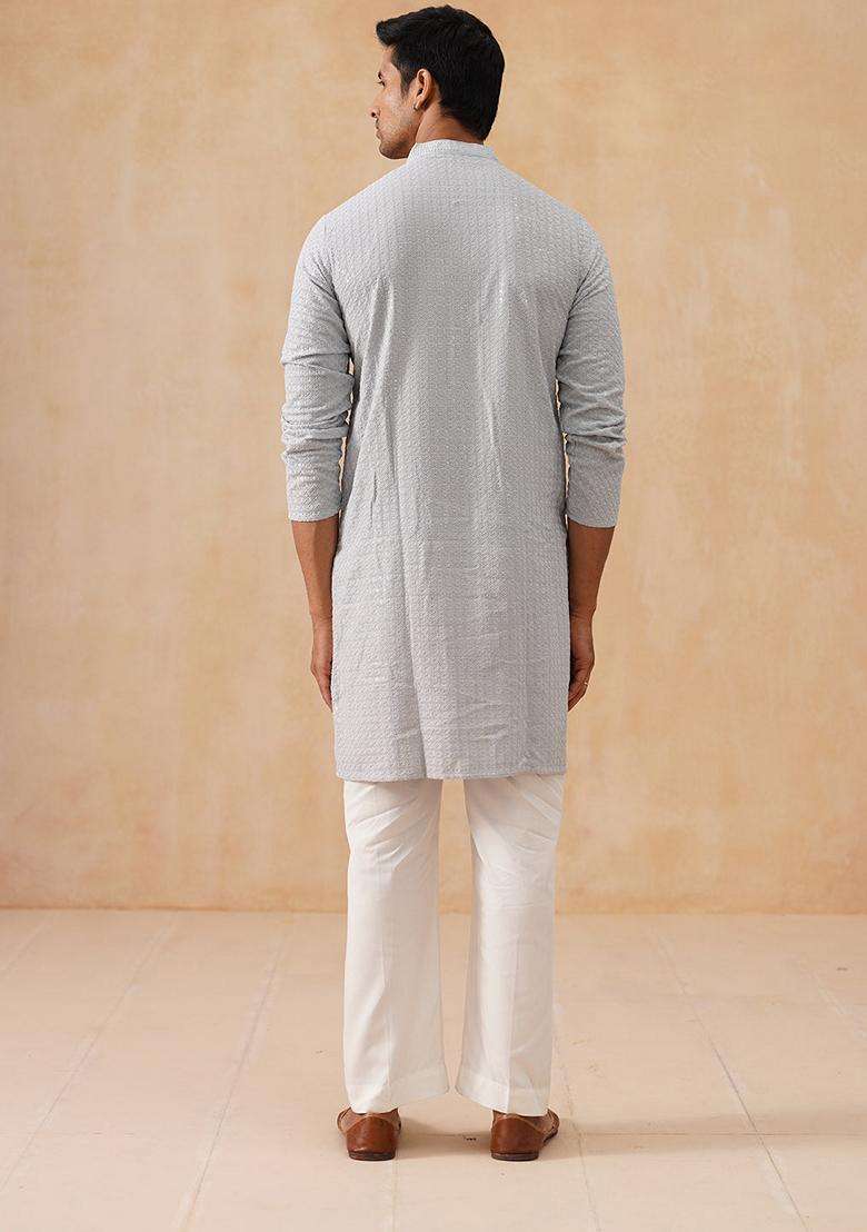 Grey Embroidery Silk Blend Kurta Pyjama Set For Men - Indya