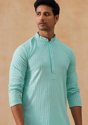 Sky Blue Embroidery Silk Blend Kurta Pyjama Set For Men