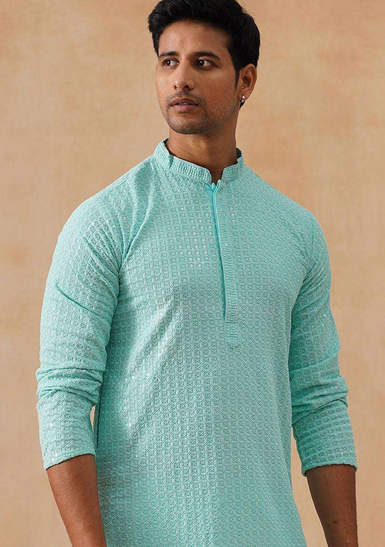 Sky Blue Embroidery Silk Blend Kurta Pyjama Set For Men - Indya