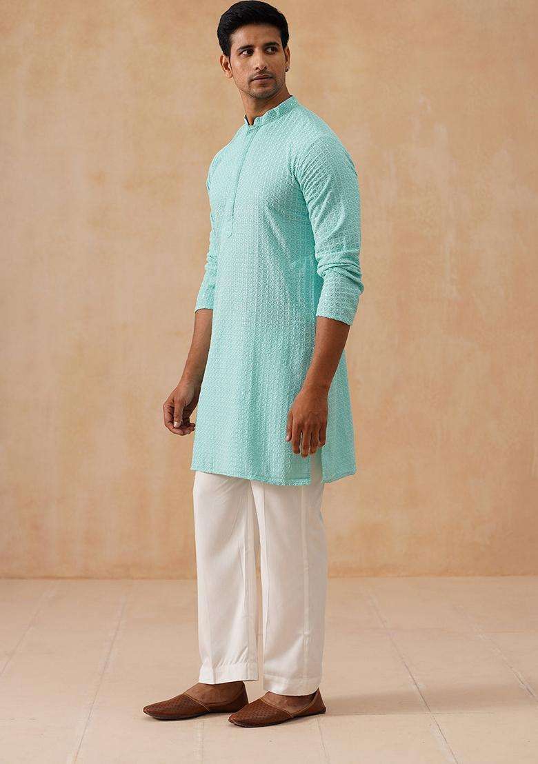 Sky Blue Embroidery Silk Blend Kurta Pyjama Set For Men - Indya