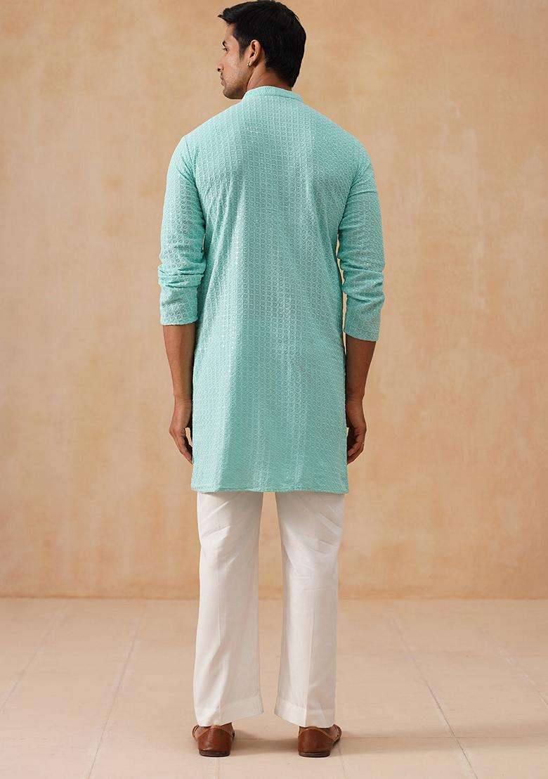 Sky Blue Embroidery Silk Blend Kurta Pyjama Set For Men - Indya