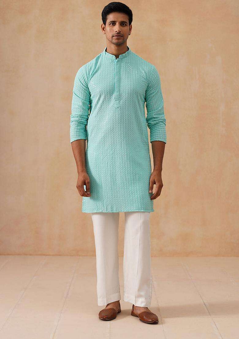 Sky Blue Embroidery Silk Blend Kurta Pyjama Set For Men - Indya