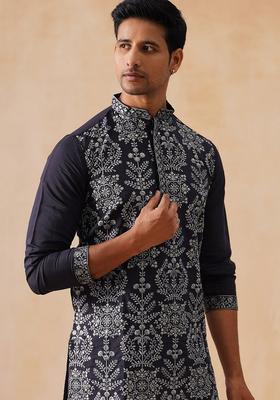 Navy Blue Embroidery Silk Blend Kurta Pyjama Set For Men