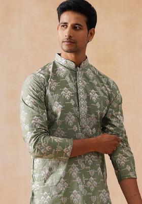 Pista Embroidery Silk Kurta Pyjama Set For Men
