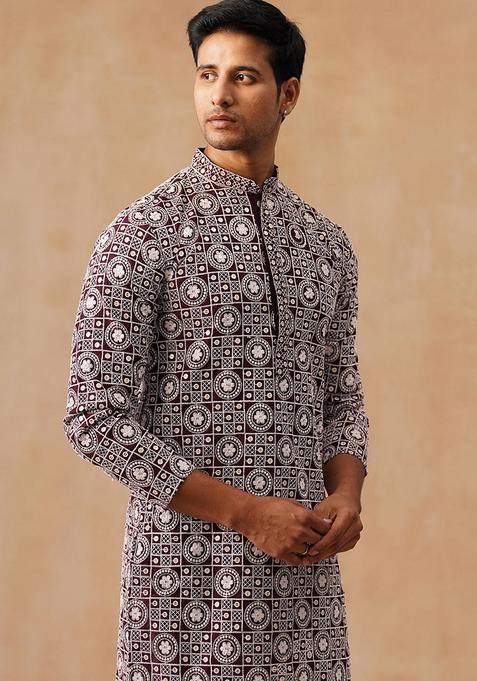 Wine Embroidery Silk Kurta Pyjama Set For Men
