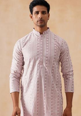 Pink Embroidery Silk Kurta Pyjama Set For Men
