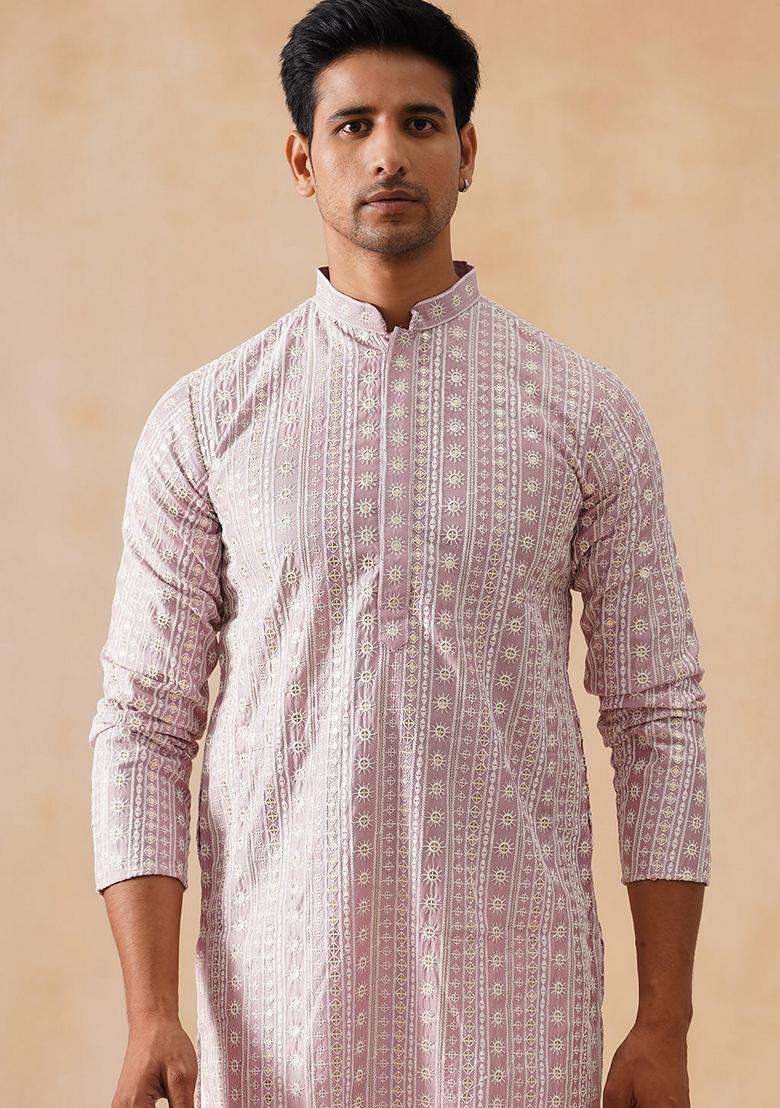 Pink Embroidery Silk Blend Kurta Pyjama Set For Men - Indya