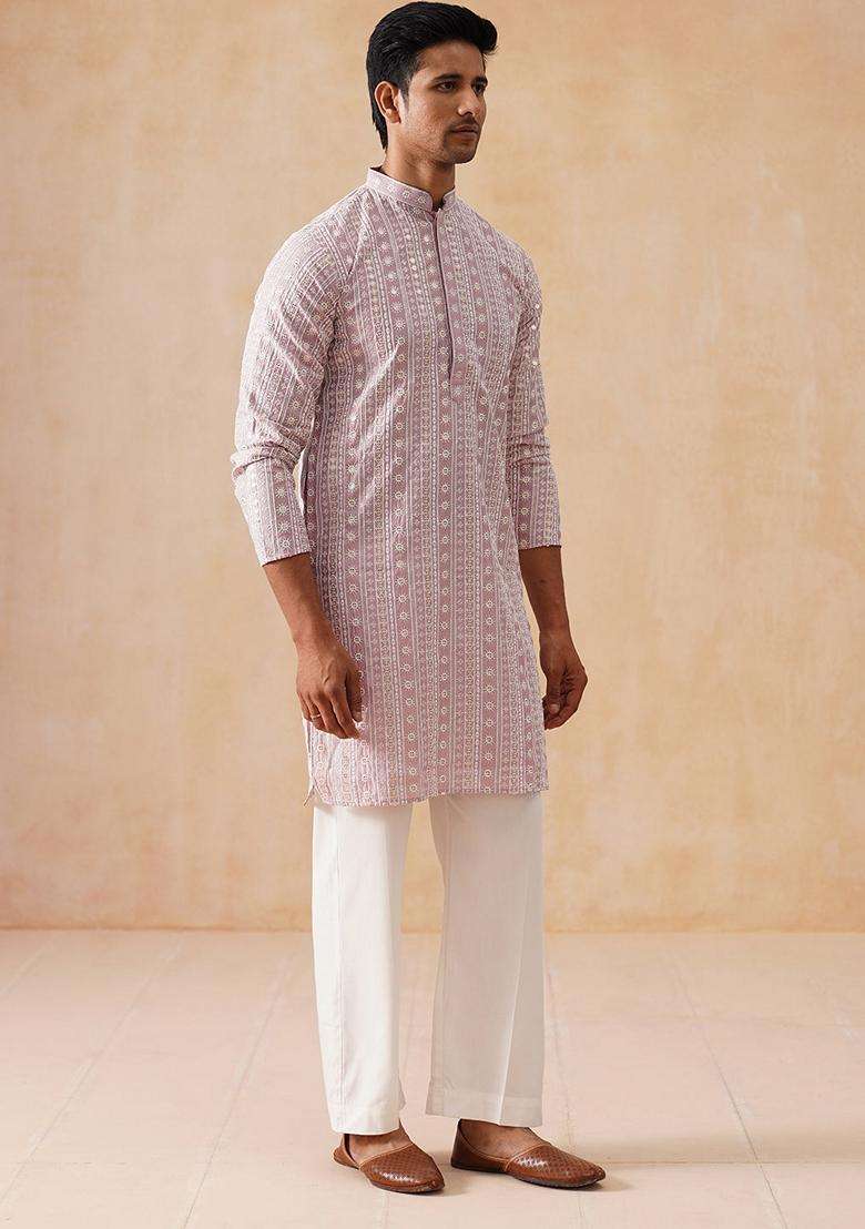 Pink Embroidery Silk Blend Kurta Pyjama Set For Men - Indya