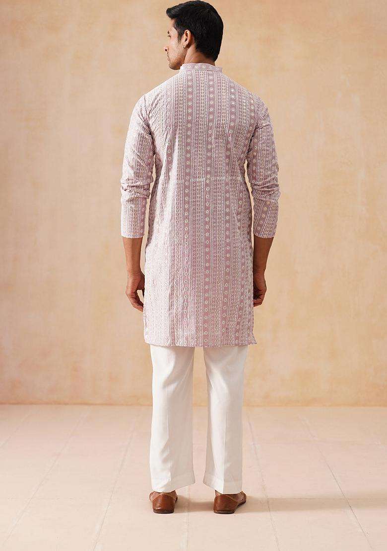 Pink Embroidery Silk Blend Kurta Pyjama Set For Men - Indya