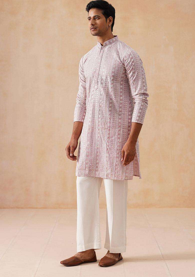 Pink Embroidery Silk Blend Kurta Pyjama Set For Men - Indya