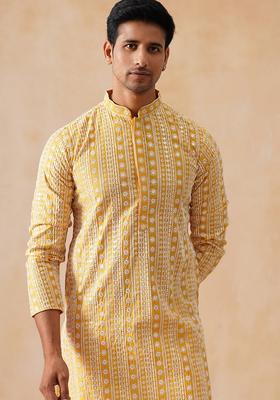 Mustard Embroidery Silk Blend Kurta Pyjama Set For Men