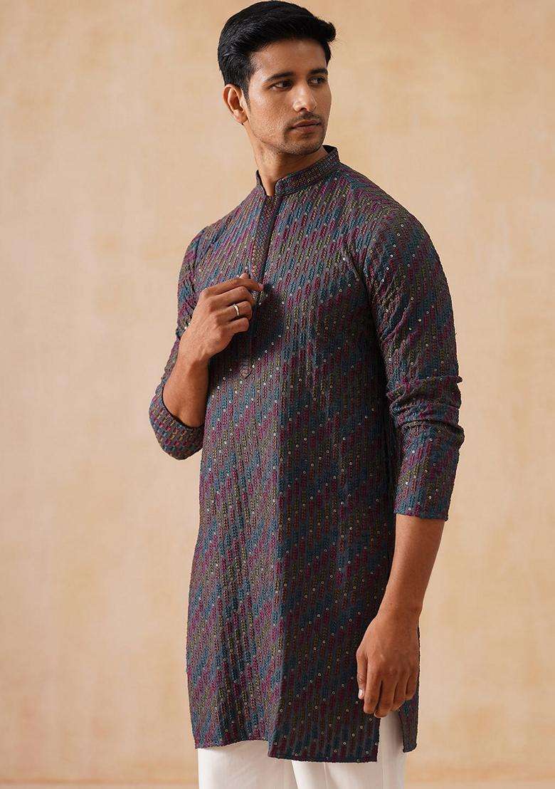 Multicolor Embroidery Silk Blend Kurta Pyjama Set For Men - Indya
