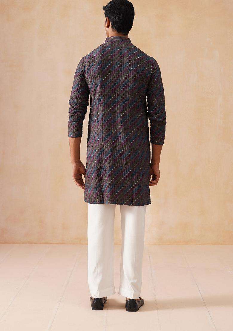 Multicolor Embroidery Silk Blend Kurta Pyjama Set For Men - Indya