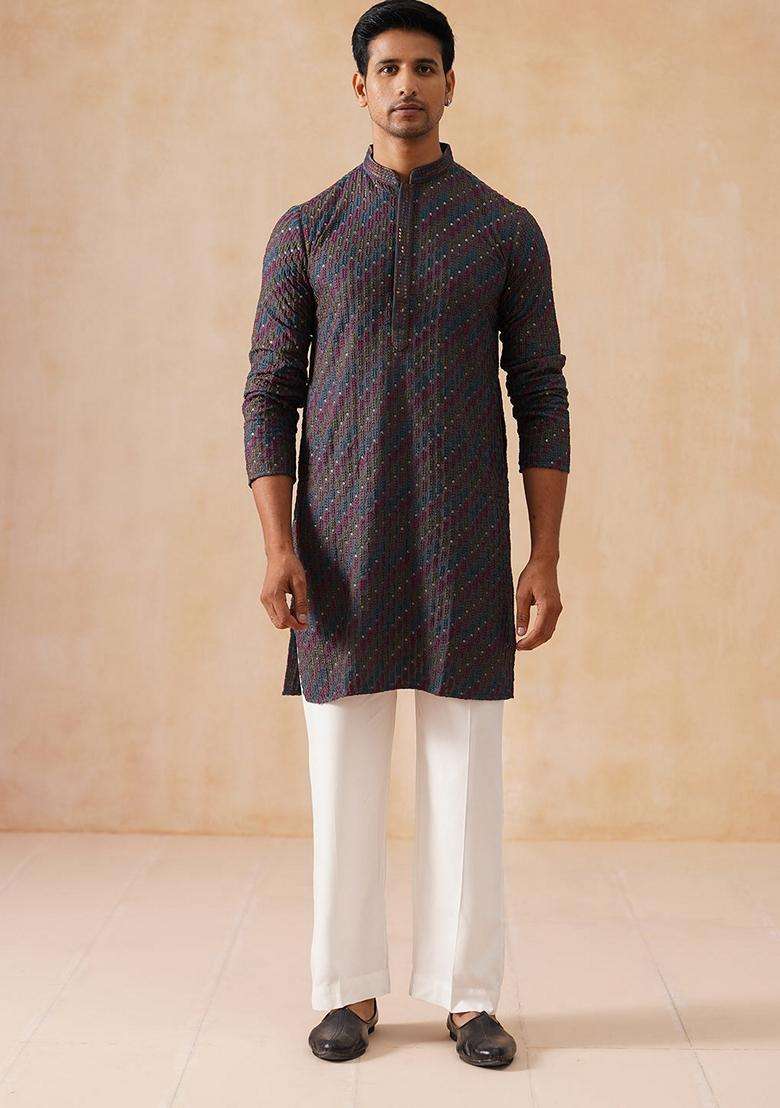 Multicolor Embroidery Silk Blend Kurta Pyjama Set For Men - Indya