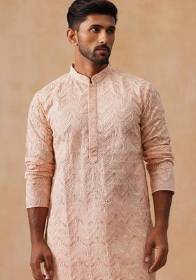 Peach Embroidery Silk Kurta Pyjama Set For Men