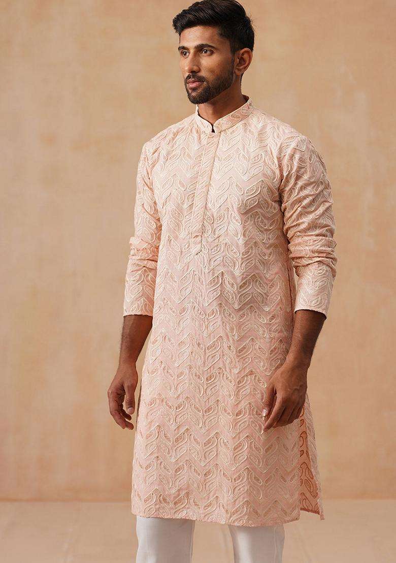Peach Embroidery Silk Blend Kurta Pyjama Set For Men - Indya