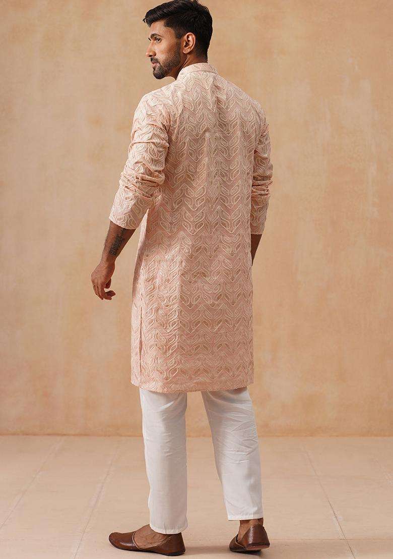 Peach Embroidery Silk Blend Kurta Pyjama Set For Men - Indya