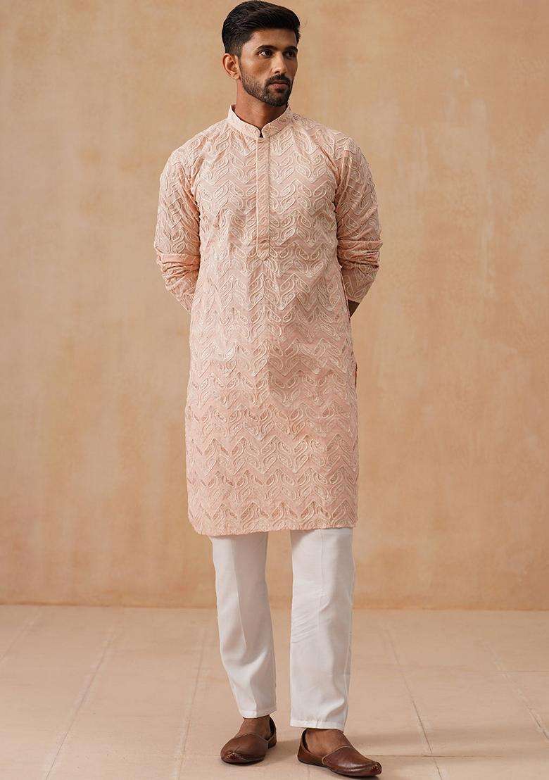 Peach Embroidery Silk Blend Kurta Pyjama Set For Men - Indya