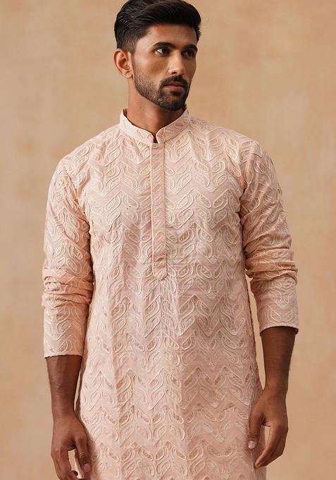 Peach Embroidery Silk Kurta Pyjama Set For Men