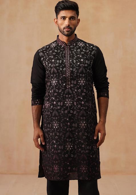 Magenta Embroidery Silk Blend Kurta Pyjama Set For Men