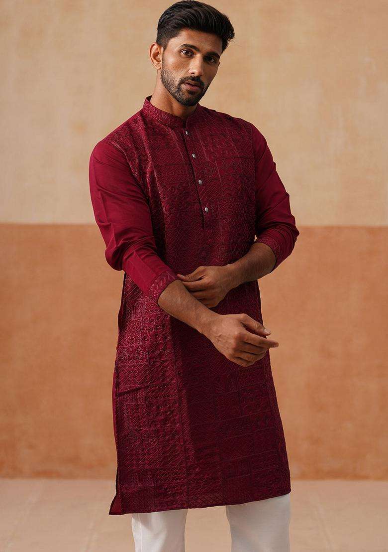 Wine Embroidery Silk Blend Kurta Pyjama Set For Men - Indya