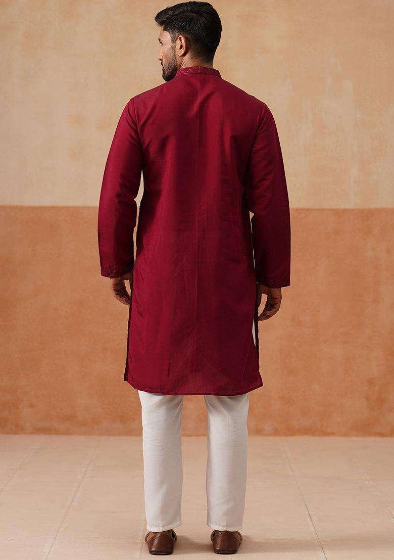Wine Embroidery Silk Blend Kurta Pyjama Set For Men - Indya
