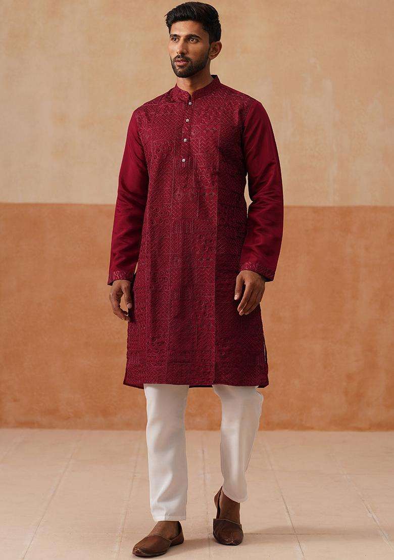 Wine Embroidery Silk Blend Kurta Pyjama Set For Men - Indya