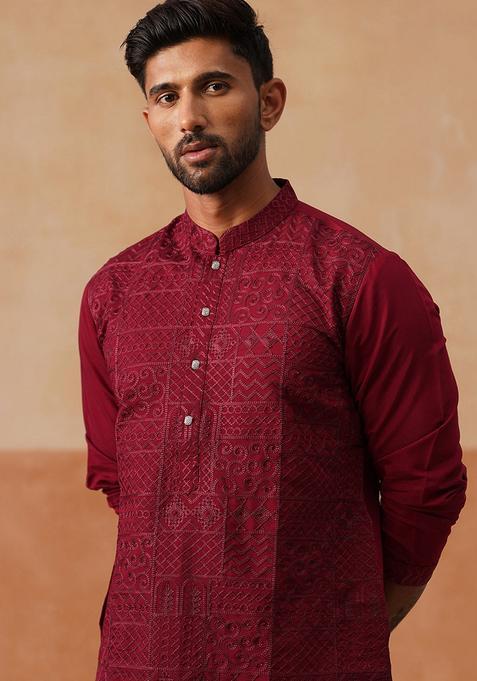 Wine Embroidery Silk Kurta Pyjama Set For Men