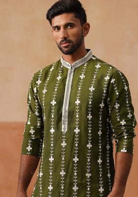 Olive Embroidery Silk Kurta Pyjama Set For Men