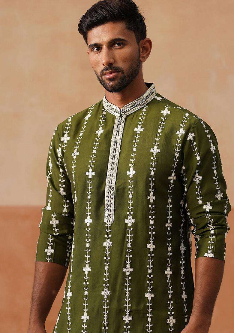 Olive Embroidery Silk Blend Kurta Pyjama Set For Men - Indya