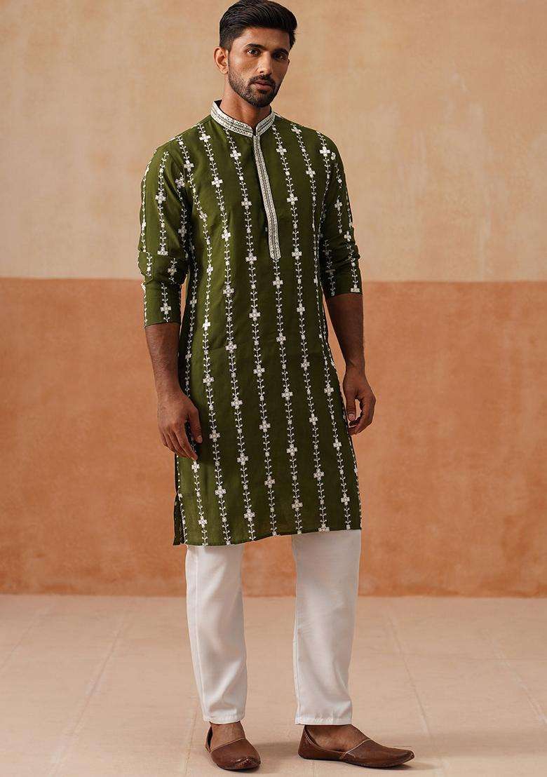 Olive Embroidery Silk Blend Kurta Pyjama Set For Men - Indya