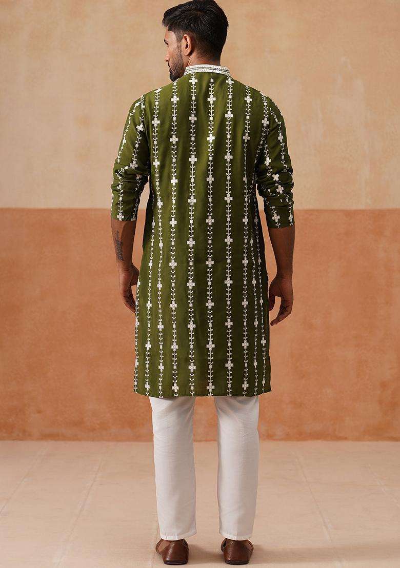 Olive Embroidery Silk Blend Kurta Pyjama Set For Men - Indya