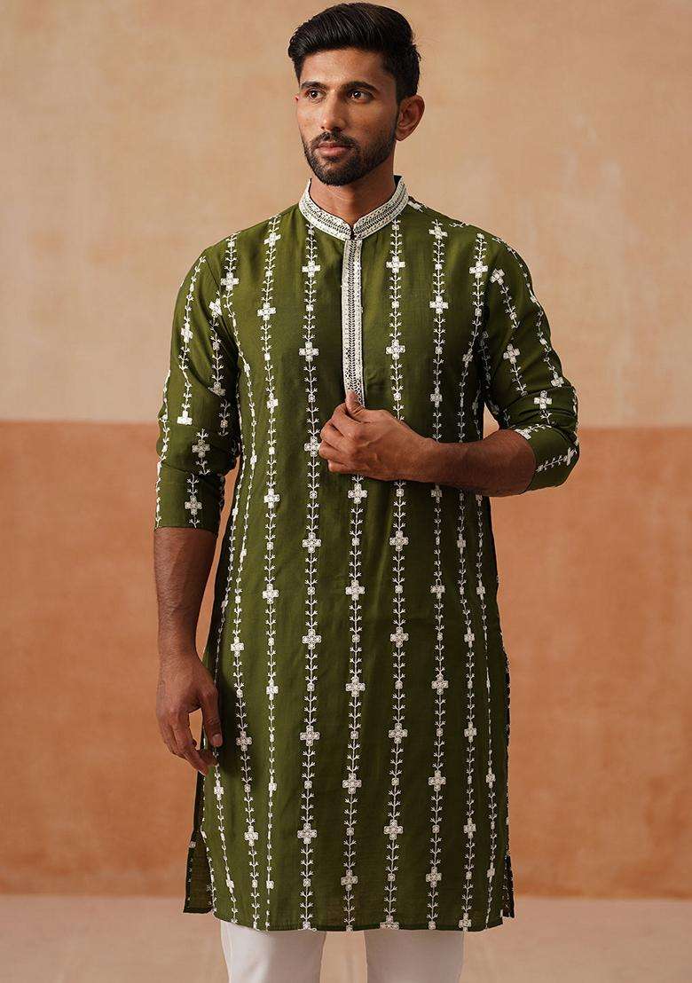 Olive Embroidery Silk Blend Kurta Pyjama Set For Men - Indya