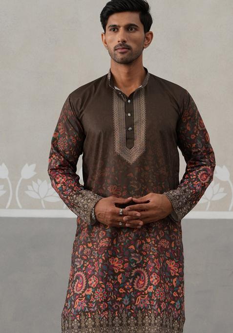 Olive Printed Cotton Kurta Pyjama Set For Men