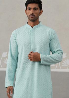 Sky Blue Embroidery Cotton Kurta Pyjama Set For Men