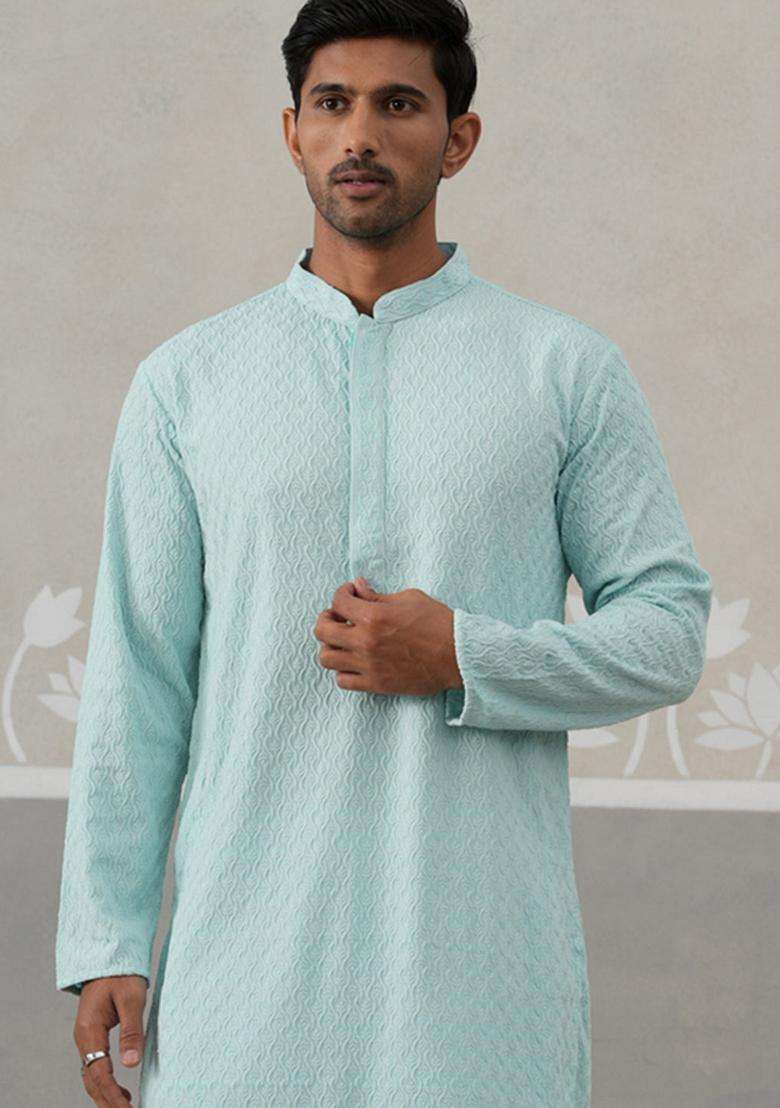 Sky Blue Embroidery Cotton Kurta Pyjama Set For Men - Indya