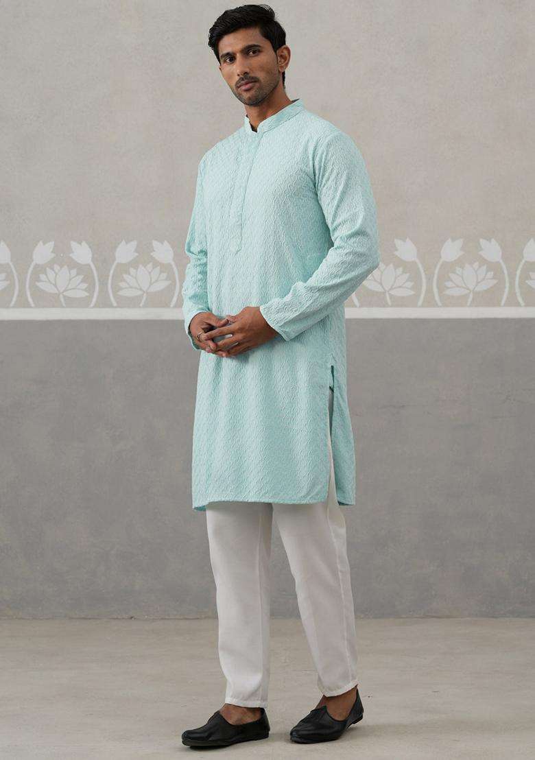 Sky Blue Embroidery Cotton Kurta Pyjama Set For Men - Indya