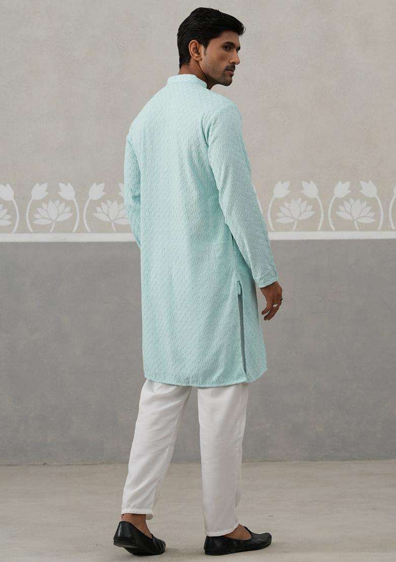 Sky Blue Embroidery Cotton Kurta Pyjama Set For Men - Indya