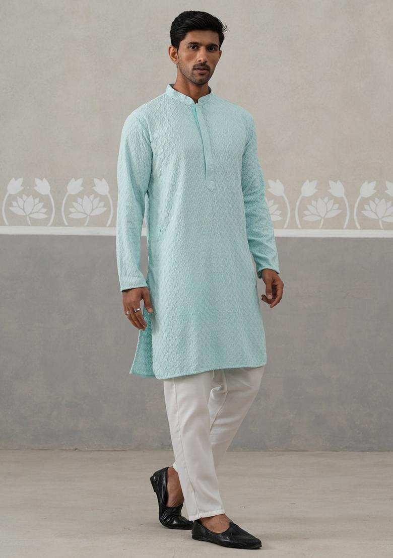 Sky Blue Embroidery Cotton Kurta Pyjama Set For Men - Indya