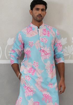 Sky Blue Printed Cotton Kurta Pyjama Set For Men